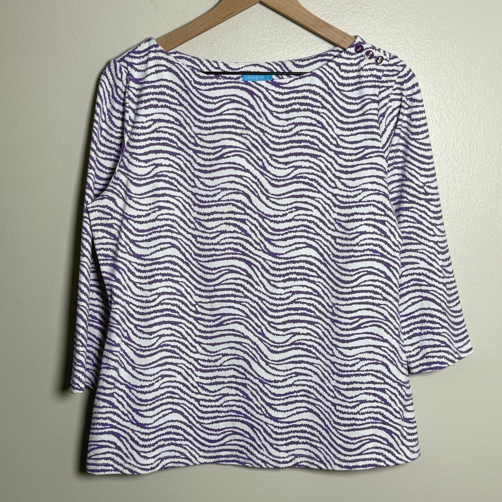J.McLaughlin Womens Boat Neck‎ 3/4 Sleeve Top L Purple White Zebra Office Casual